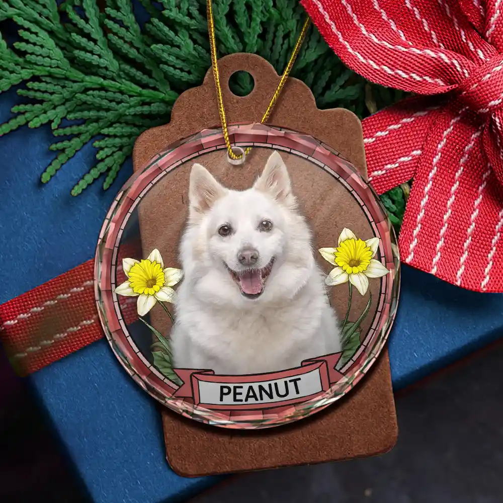 Custom Photo Birth Flower Dog Cat Portrait - Personalized Circle Glass Ornament - Image 6