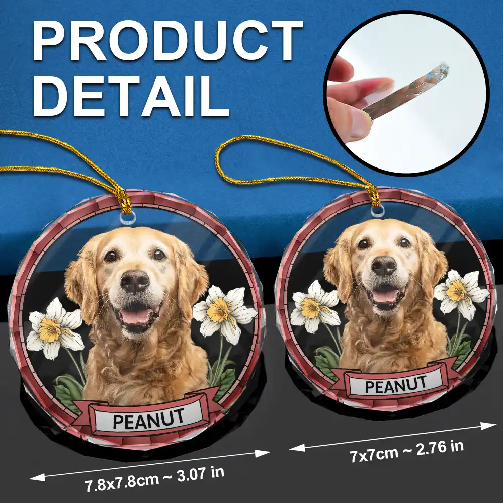 Custom Photo Birth Flower Dog Cat Portrait - Personalized Circle Glass Ornament - Image 7