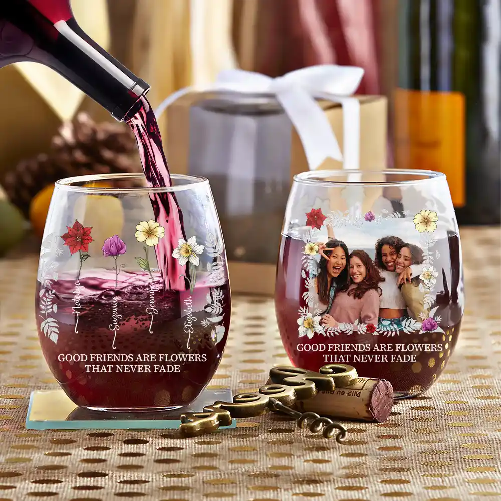 Custom Photo Birth Flower Grow An Old Friend Bestie - Personalized Stemless Wine Glass - Image 3