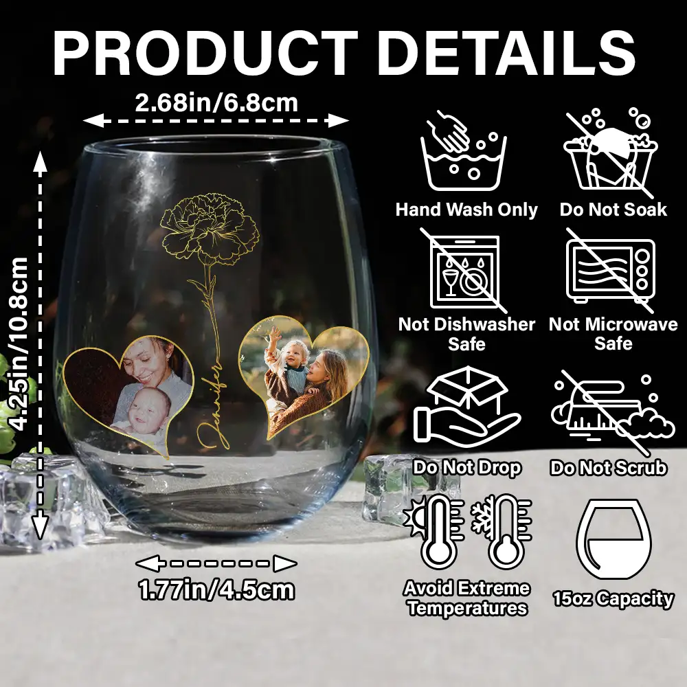 Custom Photo Birth Flower Watching You Be A Mom - Personalized Stemless Wine Glass - Image 5