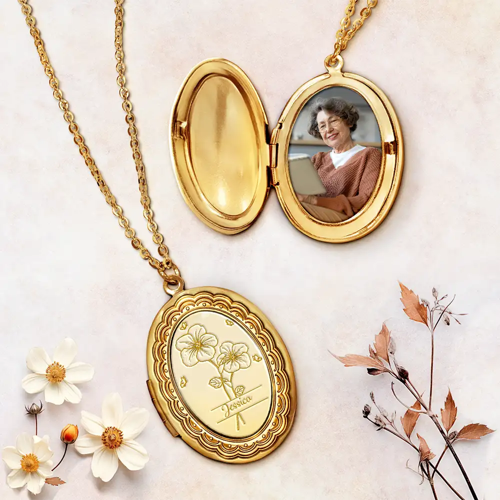 Custom Photo Birth Month Flower Lovely Bouquet - Personalized Locket Necklace - Image 2
