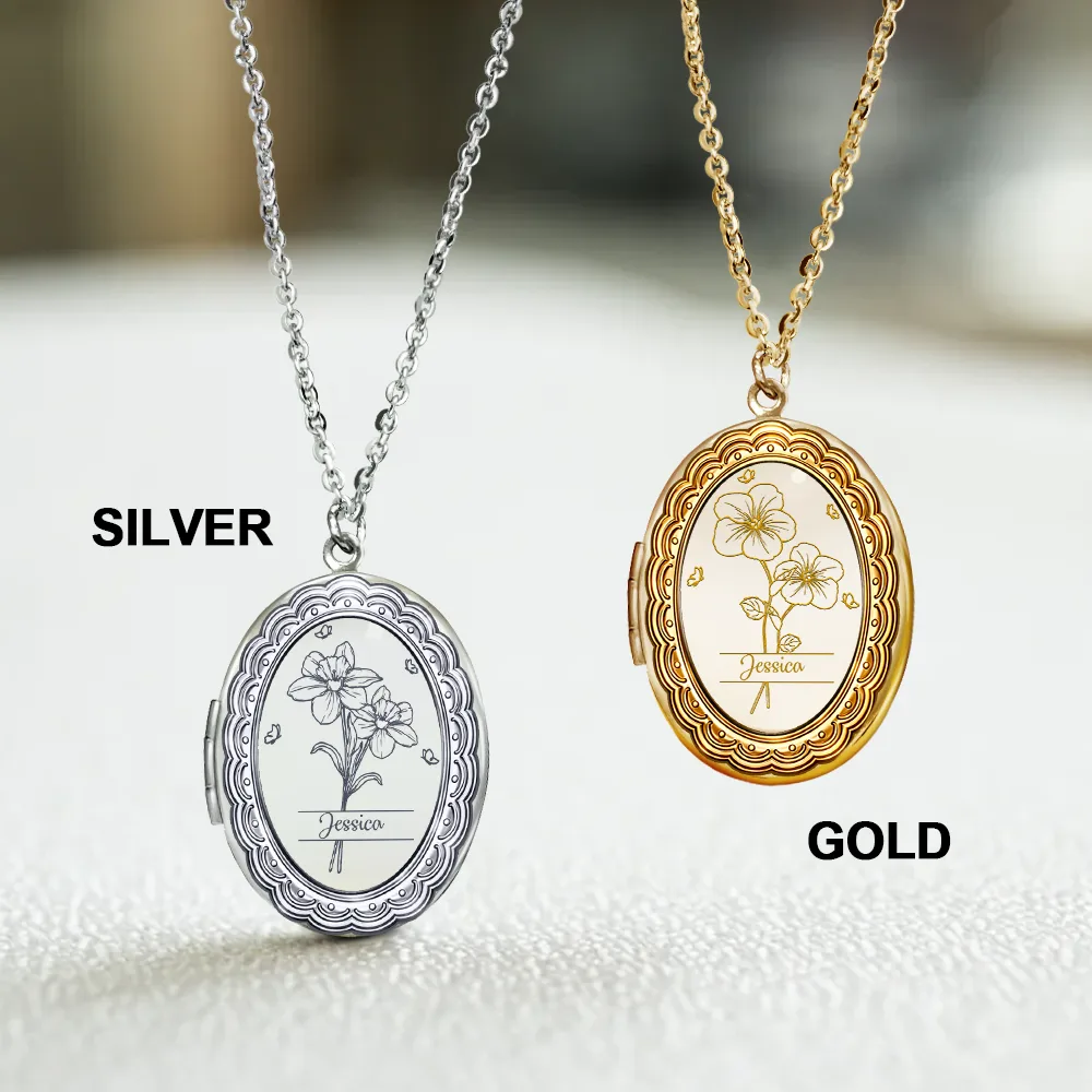 Custom Photo Birth Month Flower Lovely Bouquet - Personalized Locket Necklace - Image 3