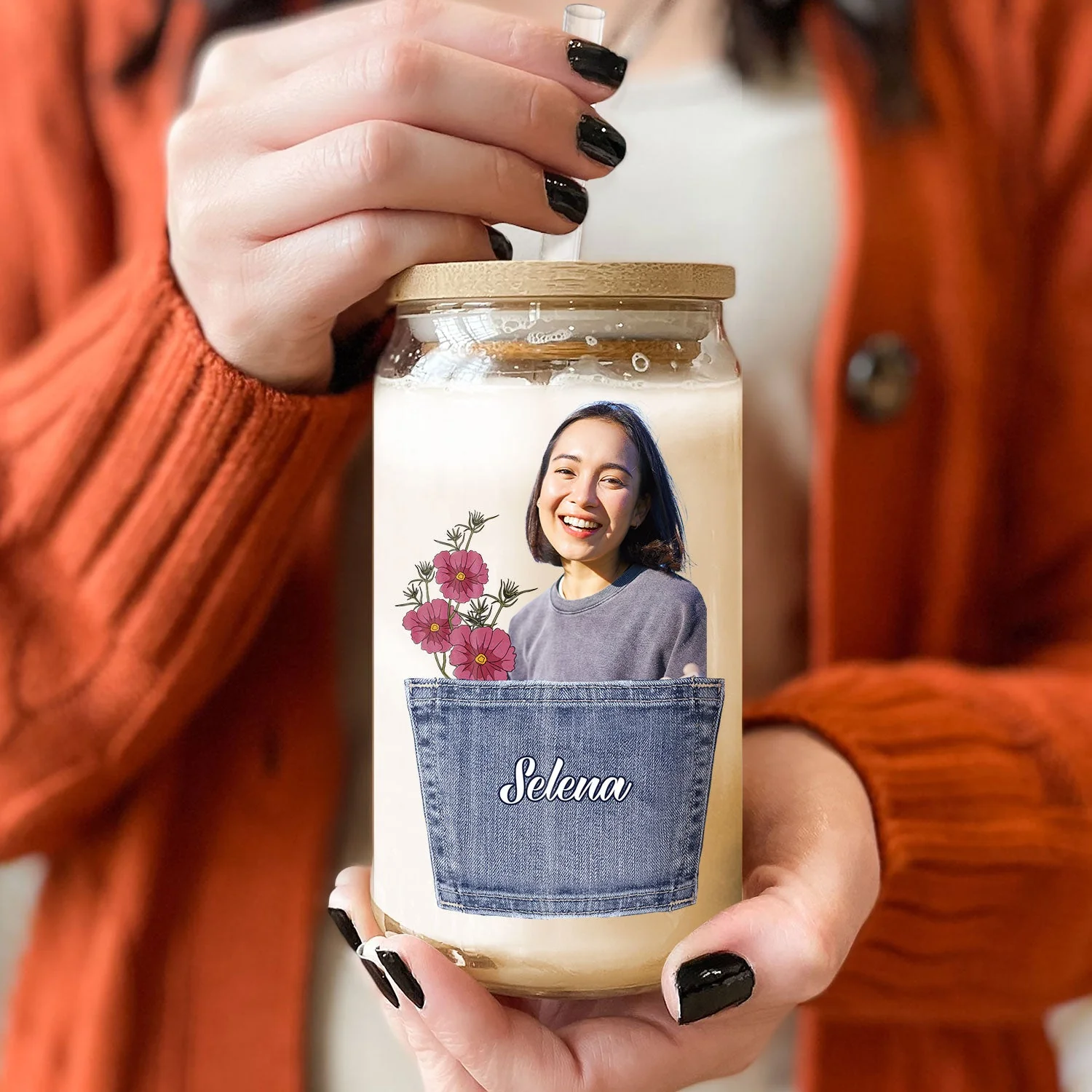 Custom Photo Birth Month Flower Mom Nutrition Facts - Gift For Mother - Personalized Clear Glass Can - Image 3