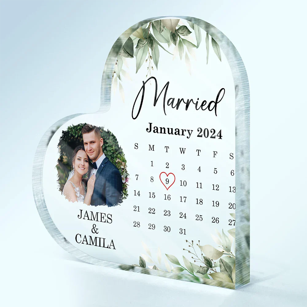 Custom Photo Calendar Married Engaged Couples - Personalized Heart Shaped Acrylic Plaque - Image 2