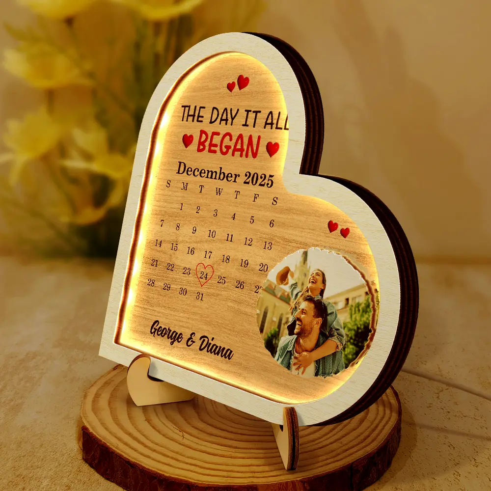 Custom Photo Calendar The Day It All Began - Personalized LED Light Wooden Plaque - Image 2