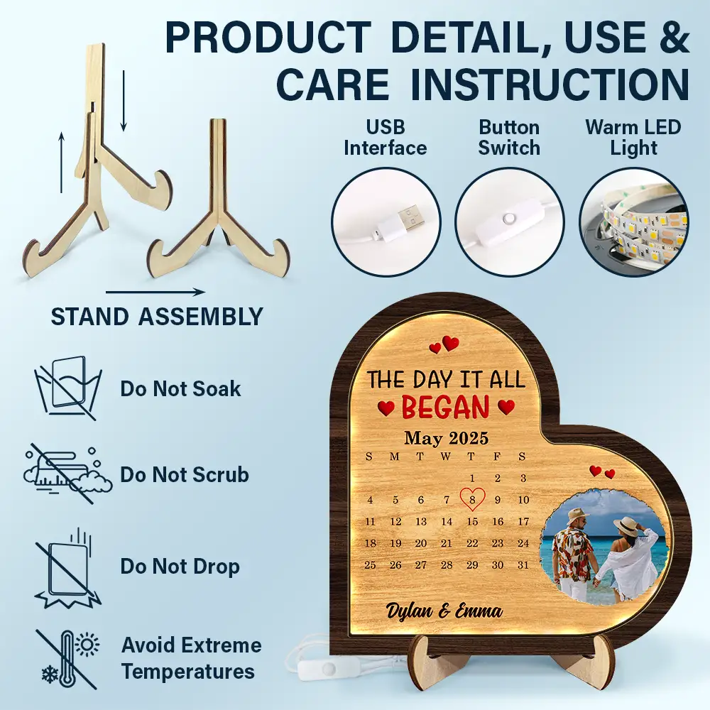 Custom Photo Calendar The Day It All Began - Personalized LED Light Wooden Plaque - Image 5