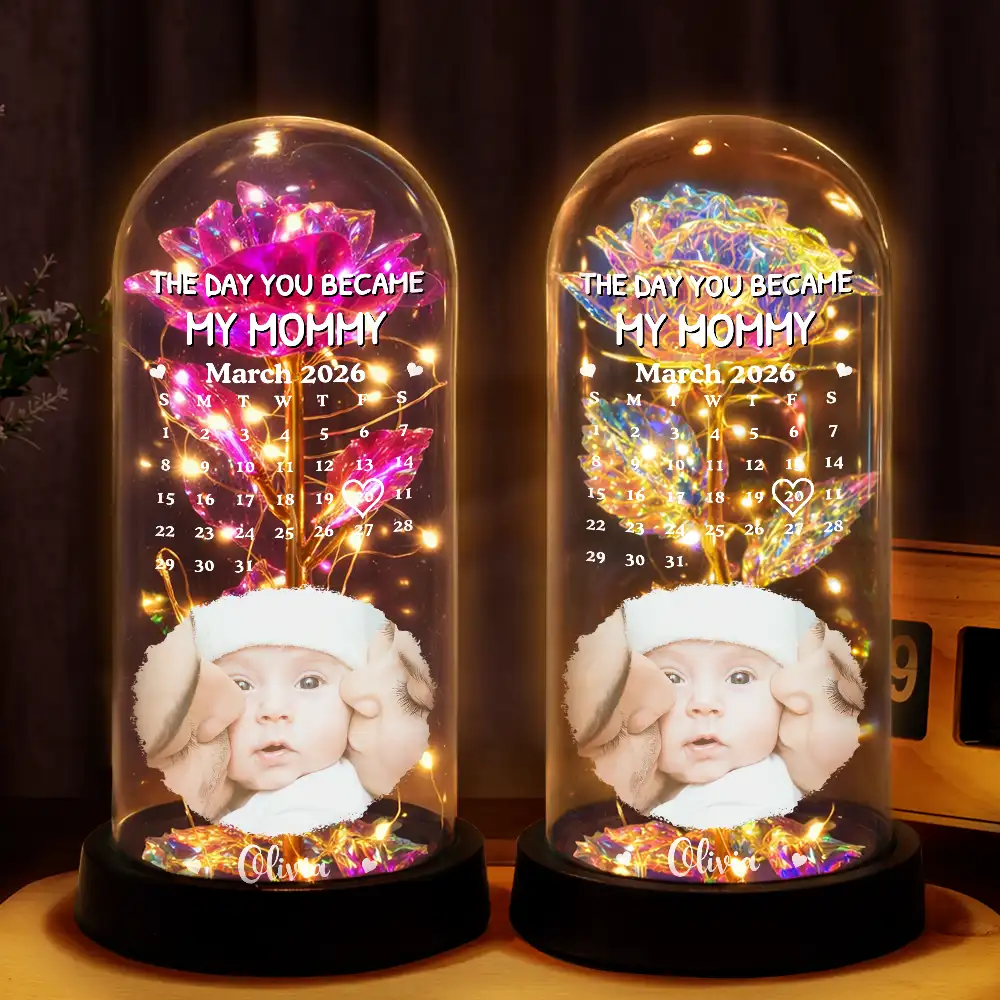 Custom Photo Calendar The Day You Became My Mom - Personalized Everlasting Rose Dome Lamp - Image 2