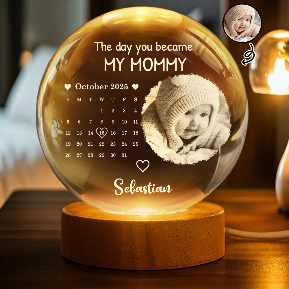 Custom Photo Calendar The Day You Became My Mommy - Personalized Crystal Globe Lamp - Image 2