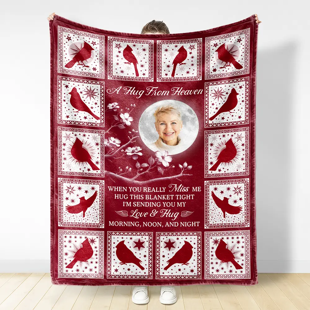 Custom Photo Cardinal Bird A Hug From Heaven - Personalized Fleece Blanket, Sherpa Blanket - Image 4
