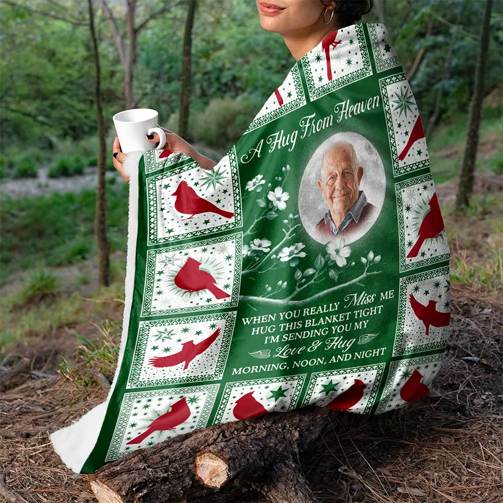 Custom Photo Cardinal Bird A Hug From Heaven - Personalized Fleece Blanket, Sherpa Blanket - Image 6