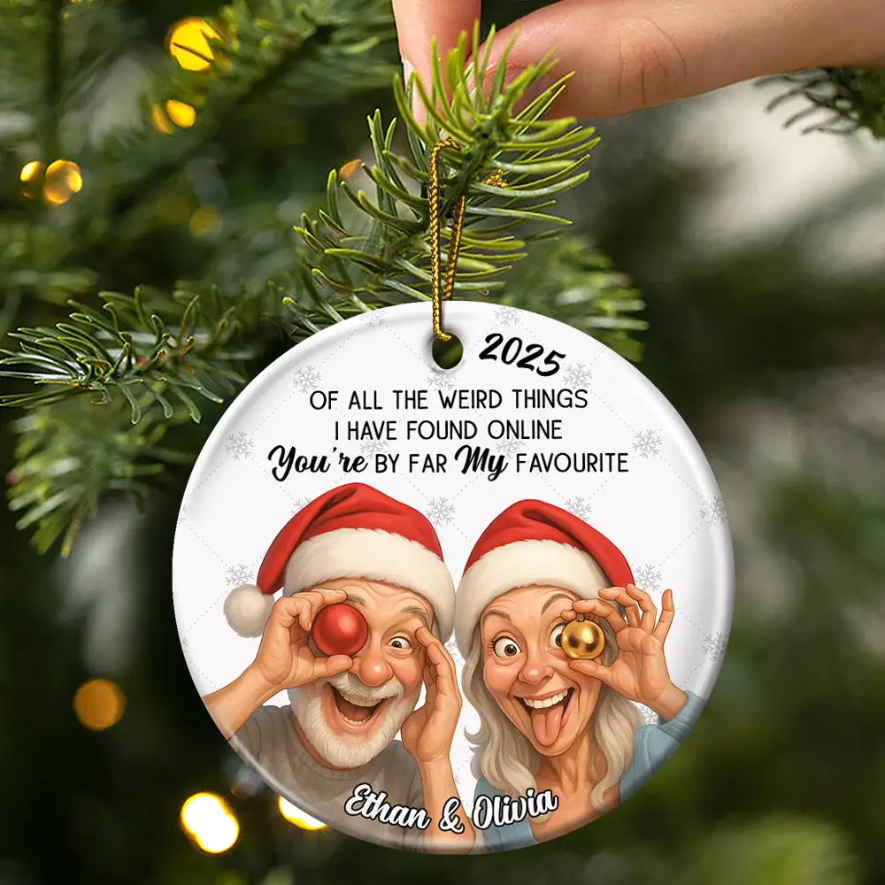 Custom Photo Caricature Funny Couple Family I'm Yours No Returns - Personalized Circle Ceramic Ornament - Image 4