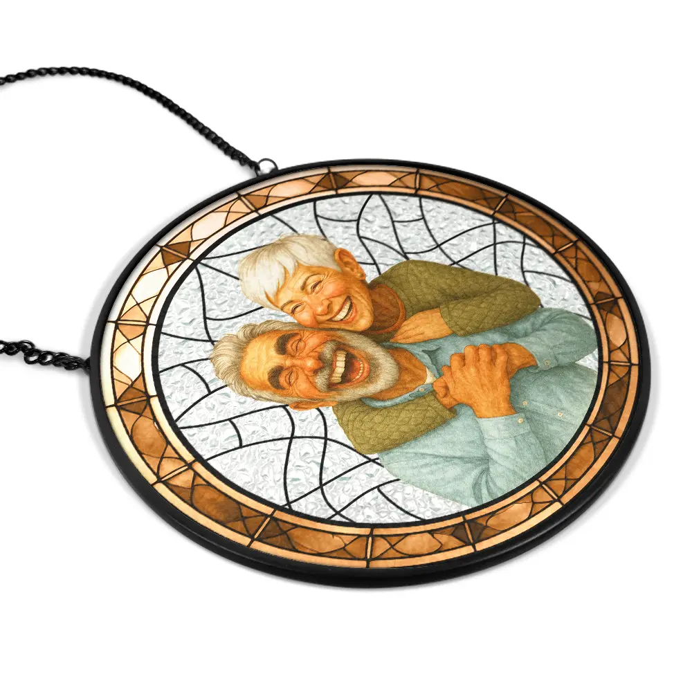 Custom Photo Caricature Funny Couple Family - Personalized Stained Glass Window Hanging Suncatcher - Image 3
