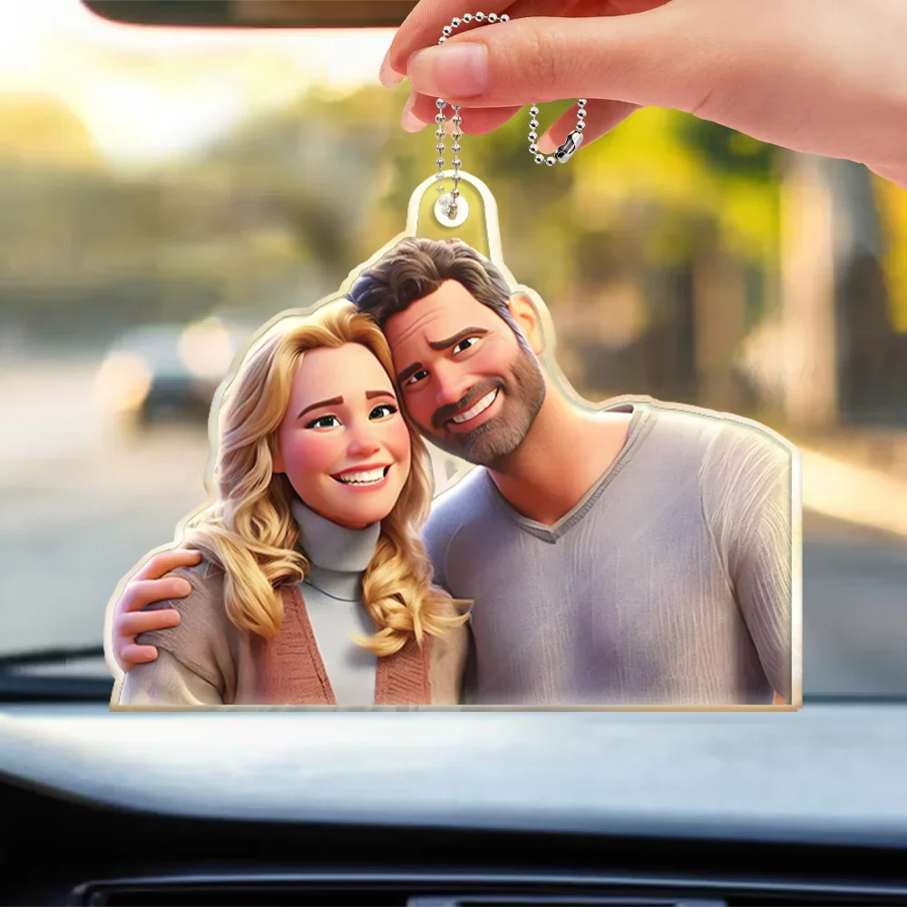 Custom Photo Cartoon Portrait Loving Couple - Personalized Acrylic Car Hanger - Image 4