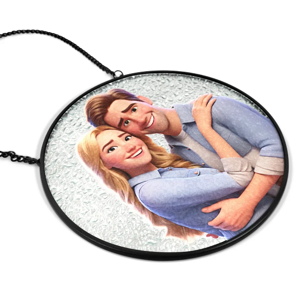 Custom Photo Cartoon Portrait Loving Couple - Personalized Stained Glass Window Hanging Suncatcher - Image 2