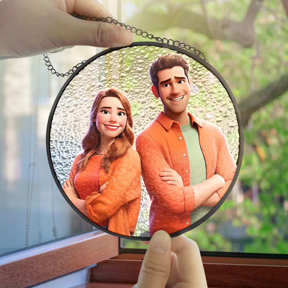 Custom Photo Cartoon Portrait Loving Couple - Personalized Stained Glass Window Hanging Suncatcher - Image 3