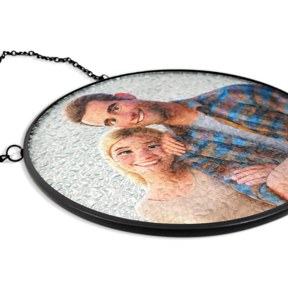 Custom Photo Cartoon Portrait Loving Couple - Personalized Stained Glass Window Hanging Suncatcher - Image 4