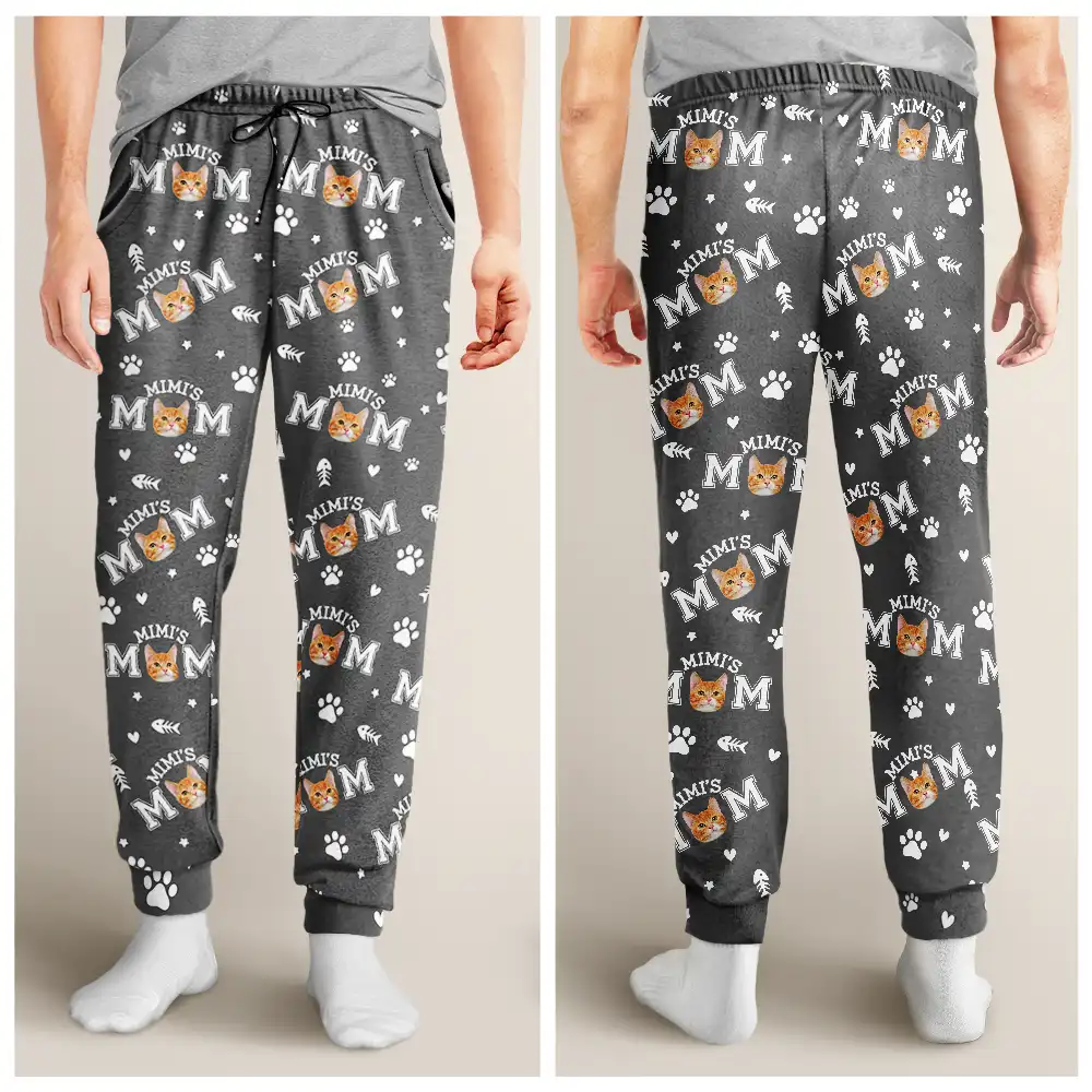 Custom Photo Cat Mom With Paw And Fish Pattern - Personalized Pajama Pants - Image 5