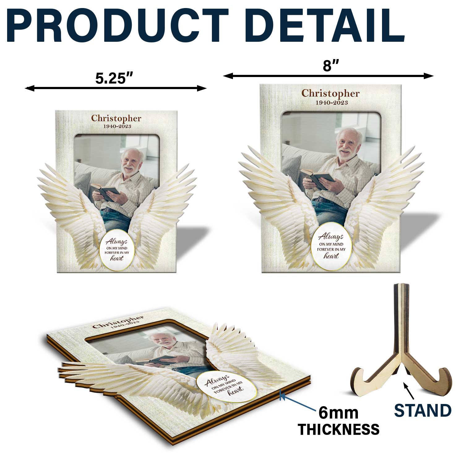 Custom Photo Cherished In Our Hearts Enfolded In Angel Wings - Memorial Gift, Sympathy Gift - Personalized 2-Layered Wooden Plaque With Stand - Image 5