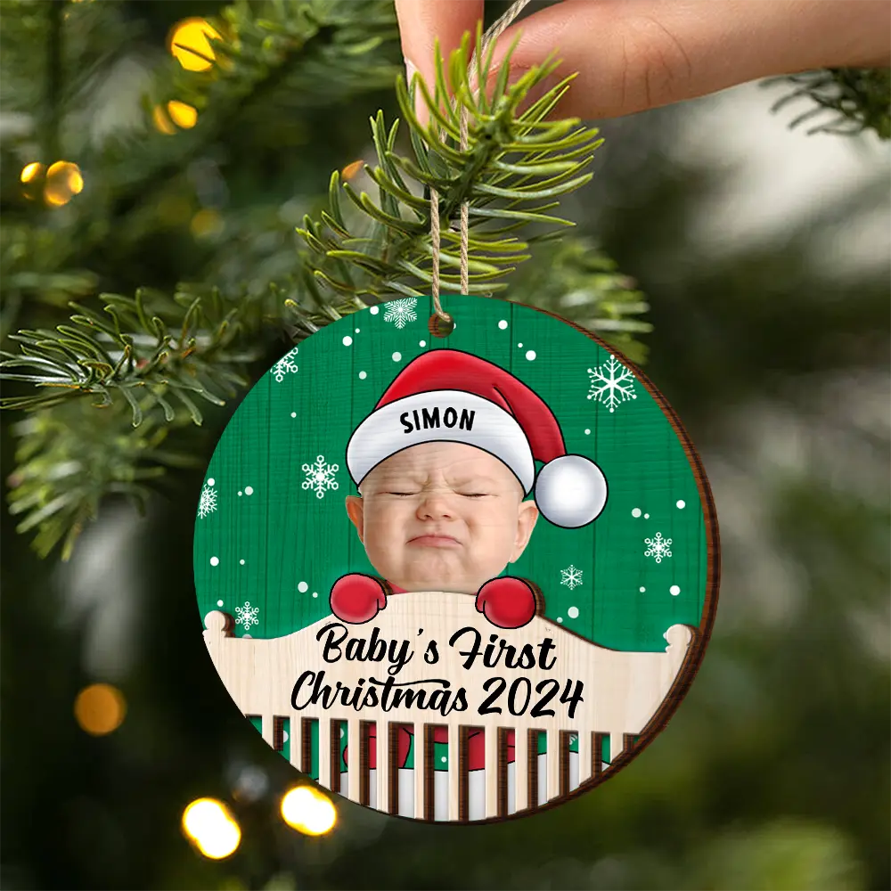 Custom Photo Christmas Baby Crib - Personalized 2-Layered Wooden Ornament - Image 3