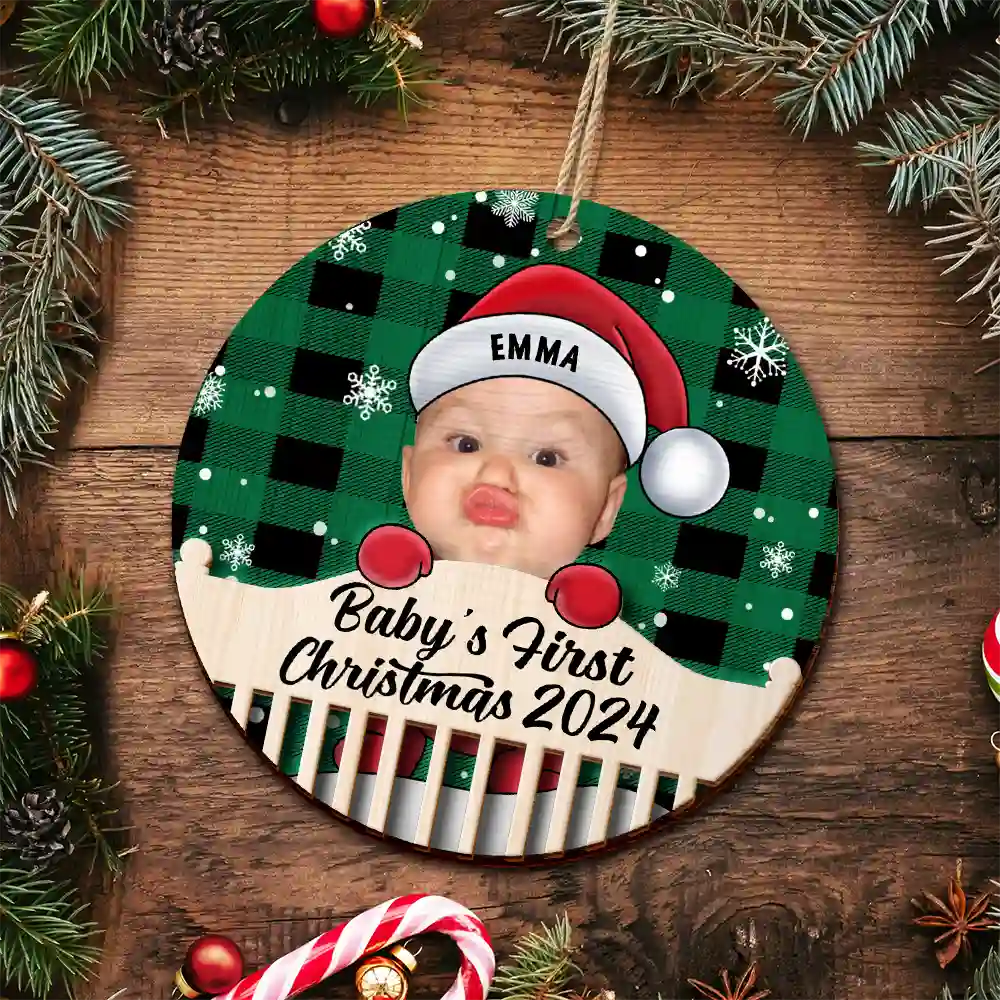 Custom Photo Christmas Baby Crib - Personalized 2-Layered Wooden Ornament - Image 6