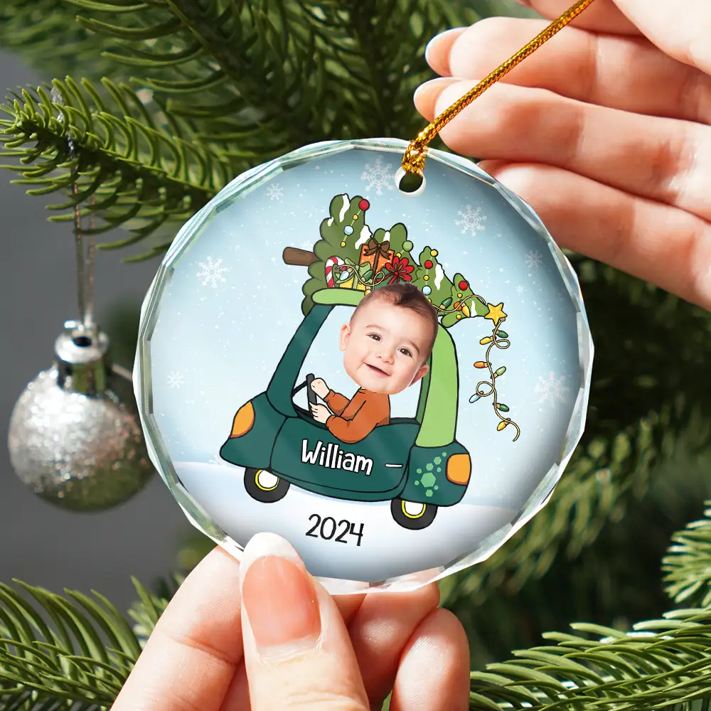 Custom Photo Christmas Baby In Car - Personalized Combo Circle Glass Ornament - Image 3
