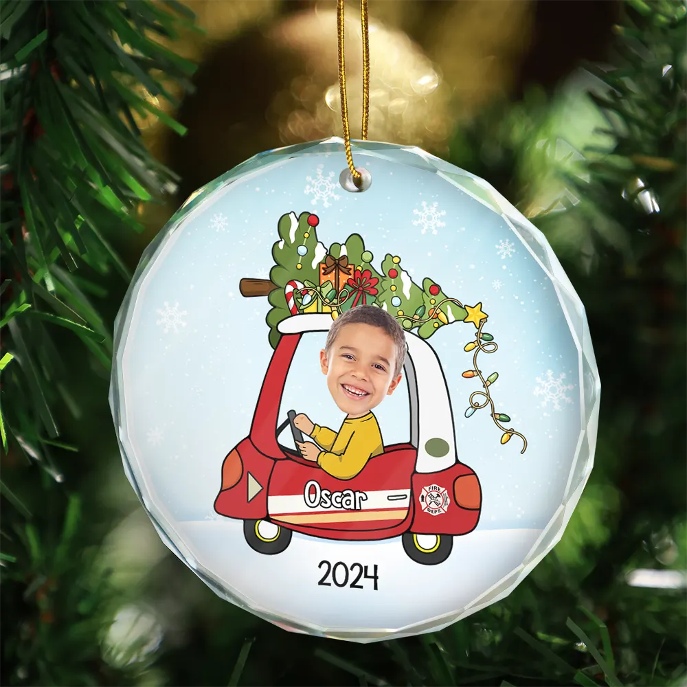 Custom Photo Christmas Baby In Car - Personalized Combo Circle Glass Ornament - Image 4