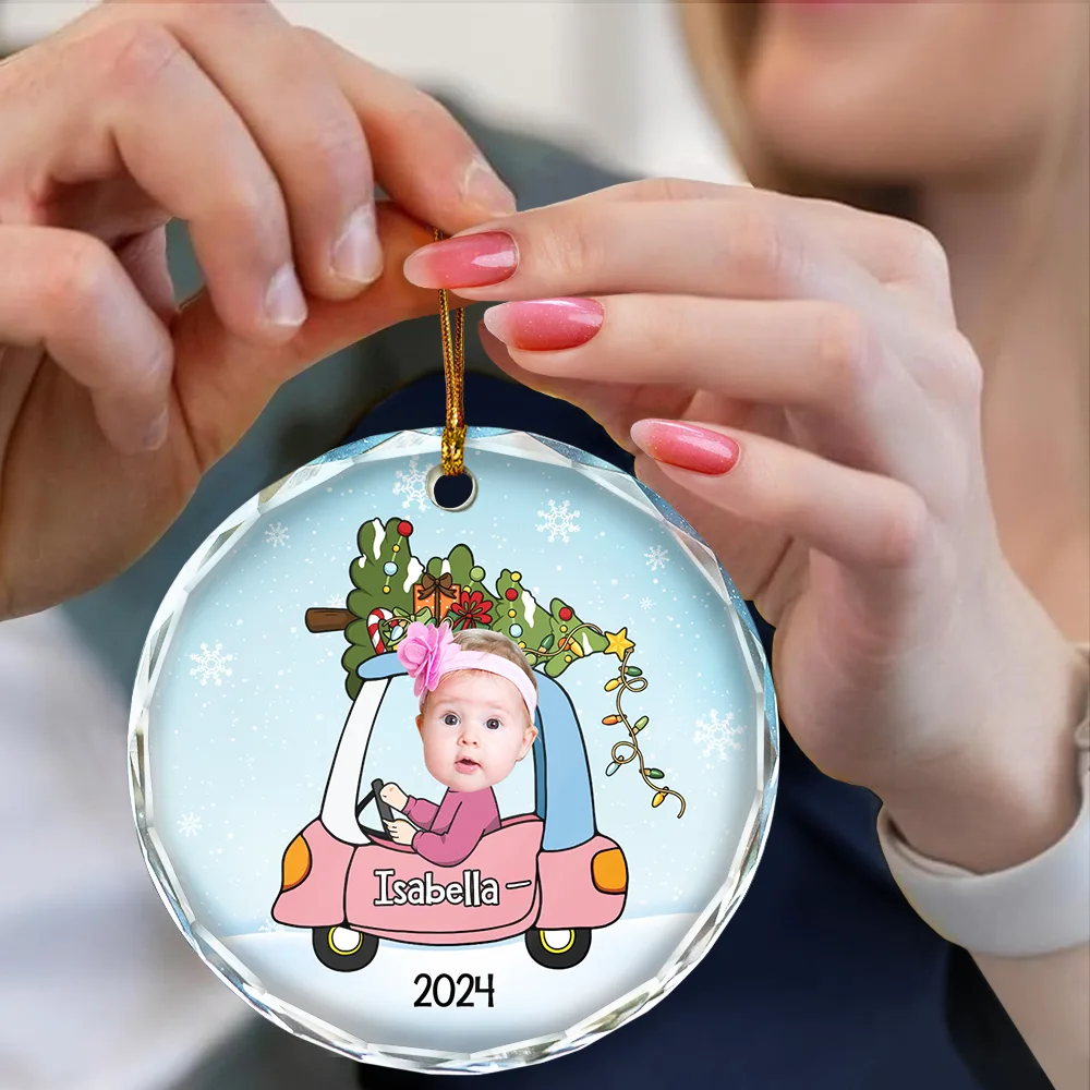 Custom Photo Christmas Baby In Car - Personalized Combo Circle Glass Ornament - Image 5