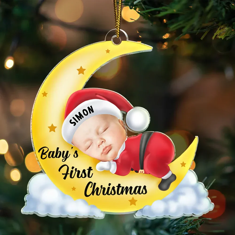 Custom Photo Christmas Baby Sleeping On The Moon - Personalized Cutout Acrylic Ornament - Image 4