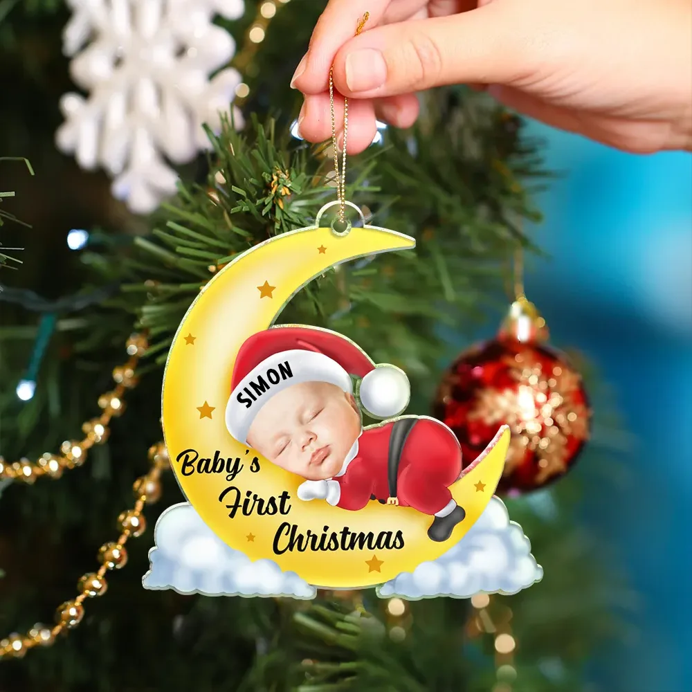 Custom Photo Christmas Baby Sleeping On The Moon - Personalized Cutout Acrylic Ornament - Image 5