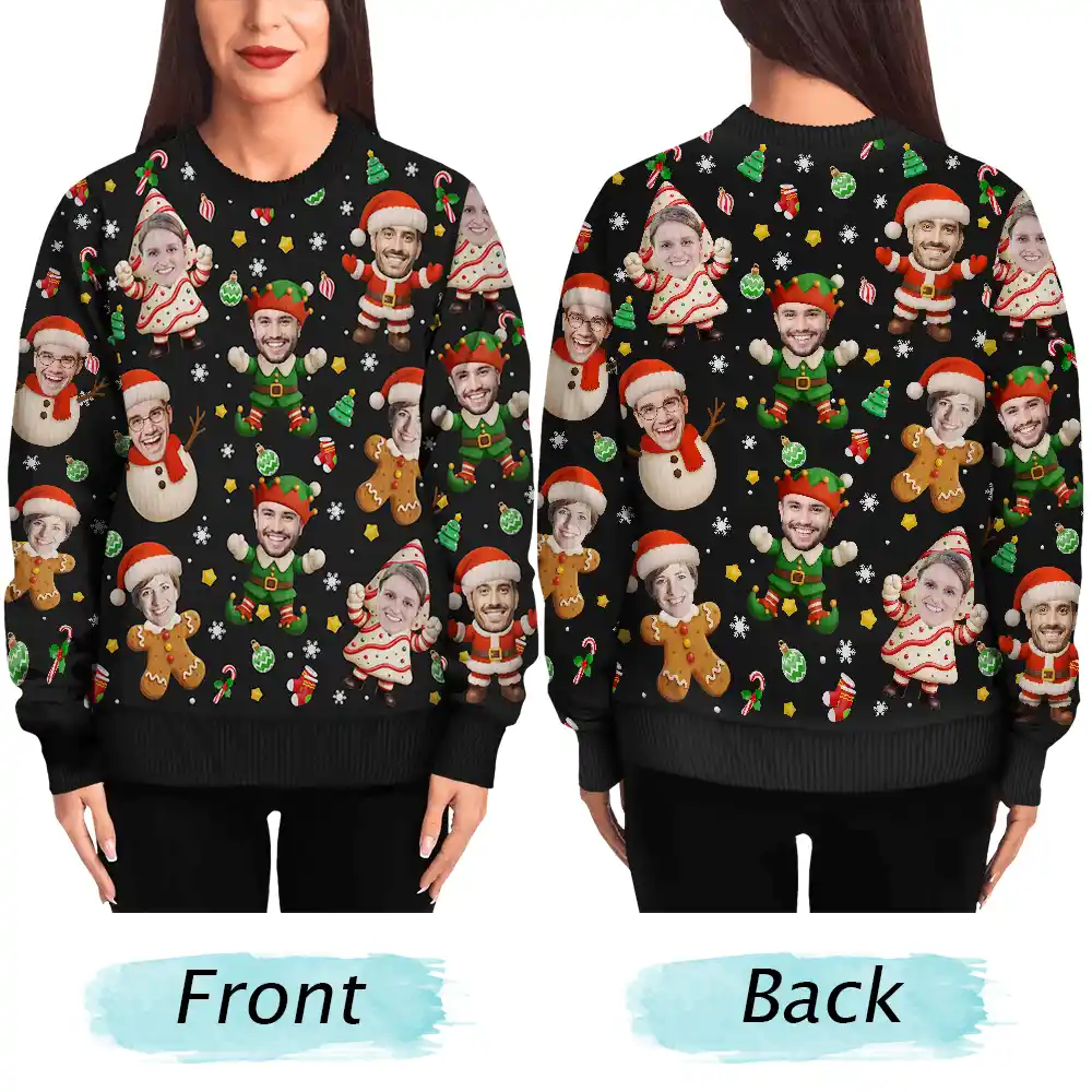 Custom Photo Christmas Characters Funny Face - Personalized Unisex Ugly Sweater - Image 6