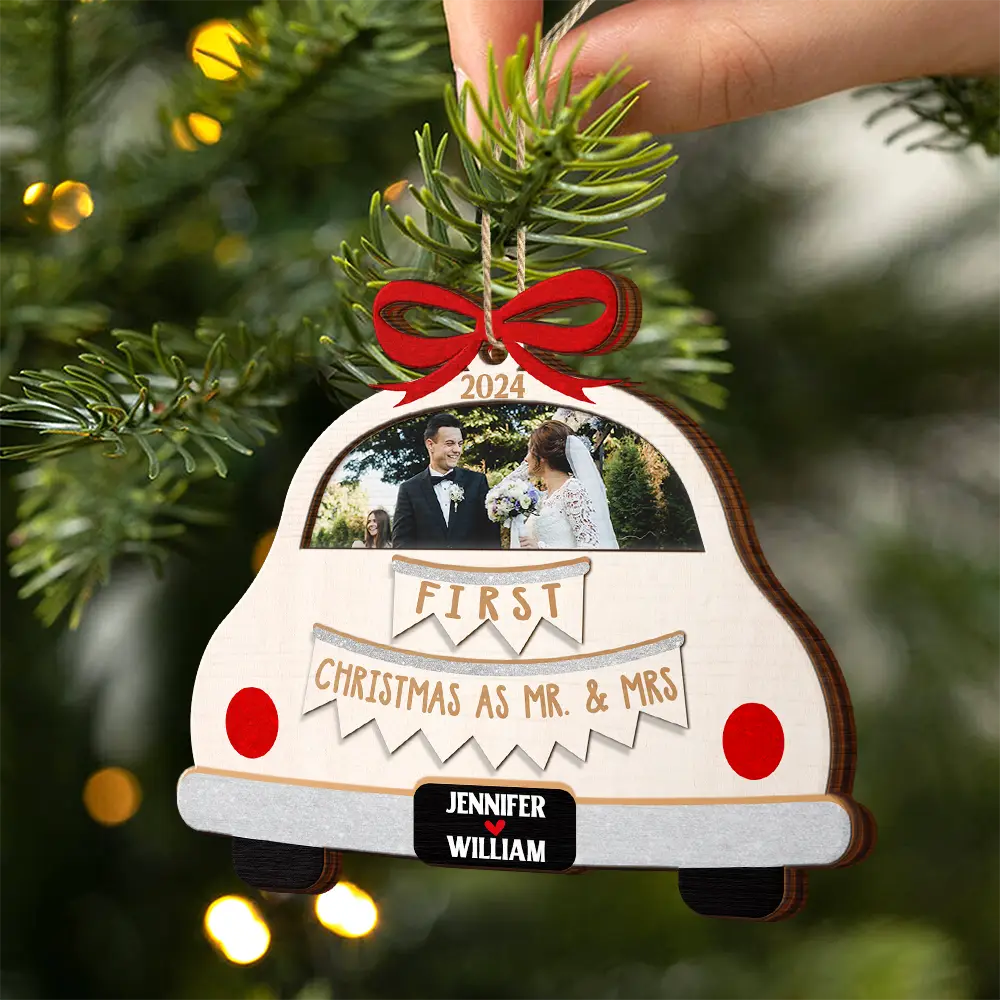 Custom Photo Christmas Couple Just Married - Personalized 2-Layered Wooden Ornament - Image 2