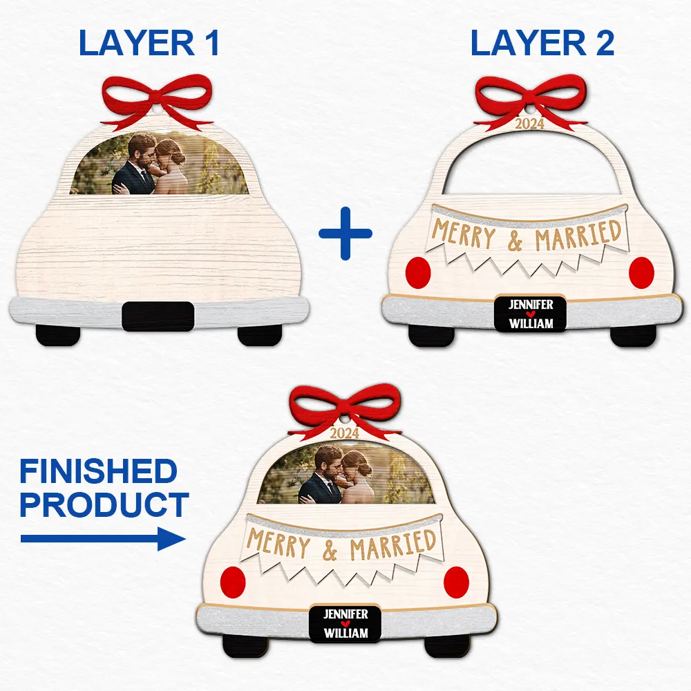 Custom Photo Christmas Couple Just Married - Personalized 2-Layered Wooden Ornament - Image 6