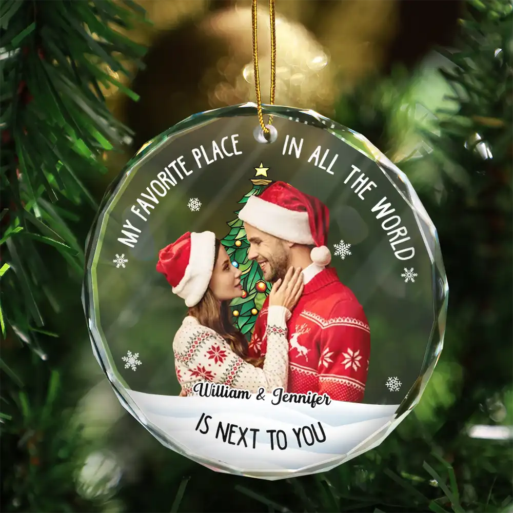 Custom Photo Christmas Couple My Favorite Place - Personalized Glass Ornament - Image 4