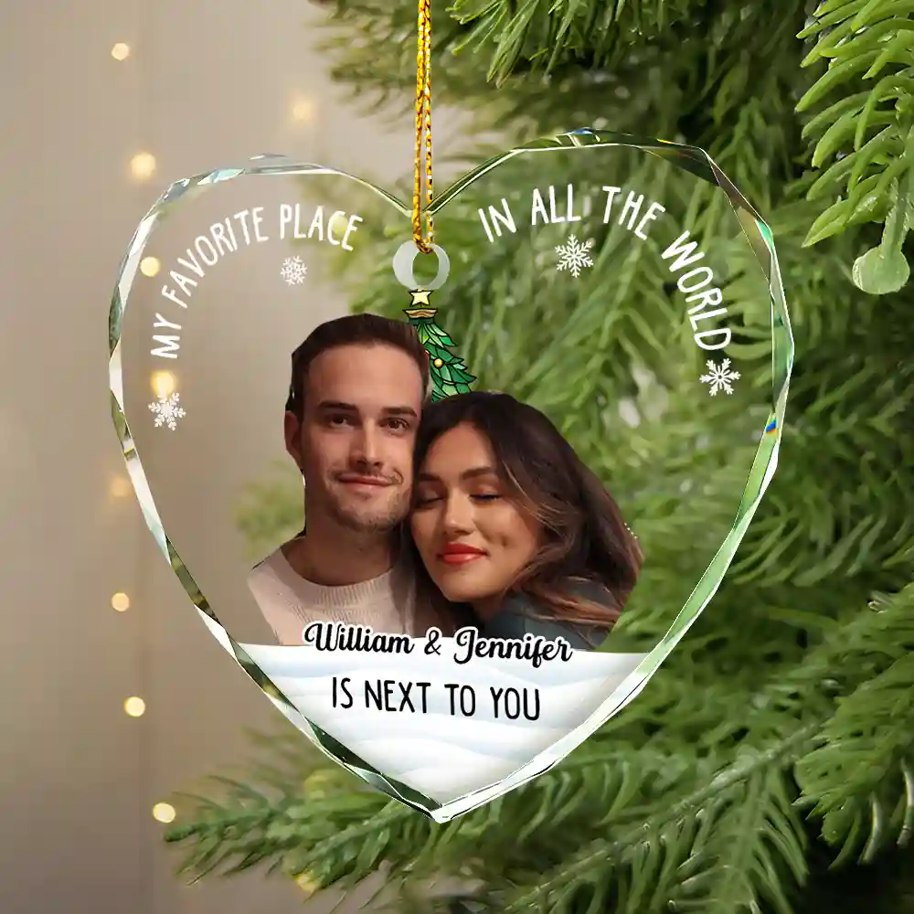 Custom Photo Christmas Couple My Favorite Place - Personalized Glass Ornament - Image 5