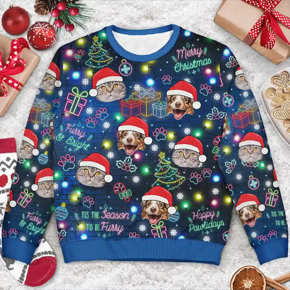 Custom Photo Christmas Dog Cat Neon Light Style - Personalized Unisex Ugly Sweater - Image 4