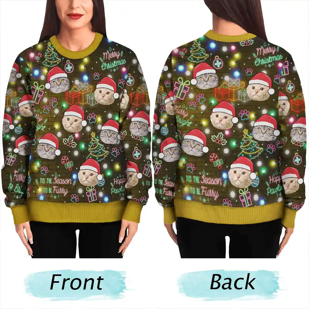 Custom Photo Christmas Dog Cat Neon Light Style - Personalized Unisex Ugly Sweater - Image 6