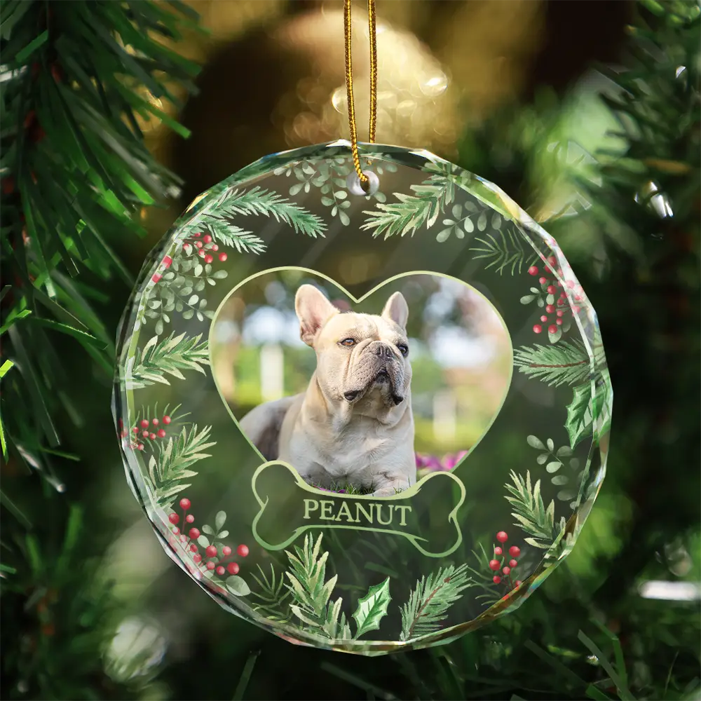 Custom Photo Christmas Dog Cat Pet Love Heart - Personalized Circle Glass Ornament - Image 3