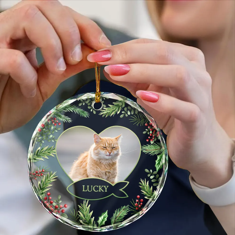 Custom Photo Christmas Dog Cat Pet Love Heart - Personalized Circle Glass Ornament - Image 4