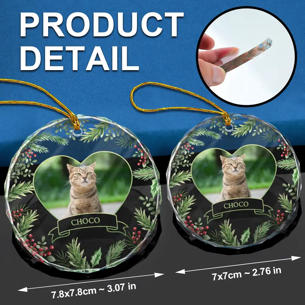 Custom Photo Christmas Dog Cat Pet Love Heart - Personalized Circle Glass Ornament - Image 6