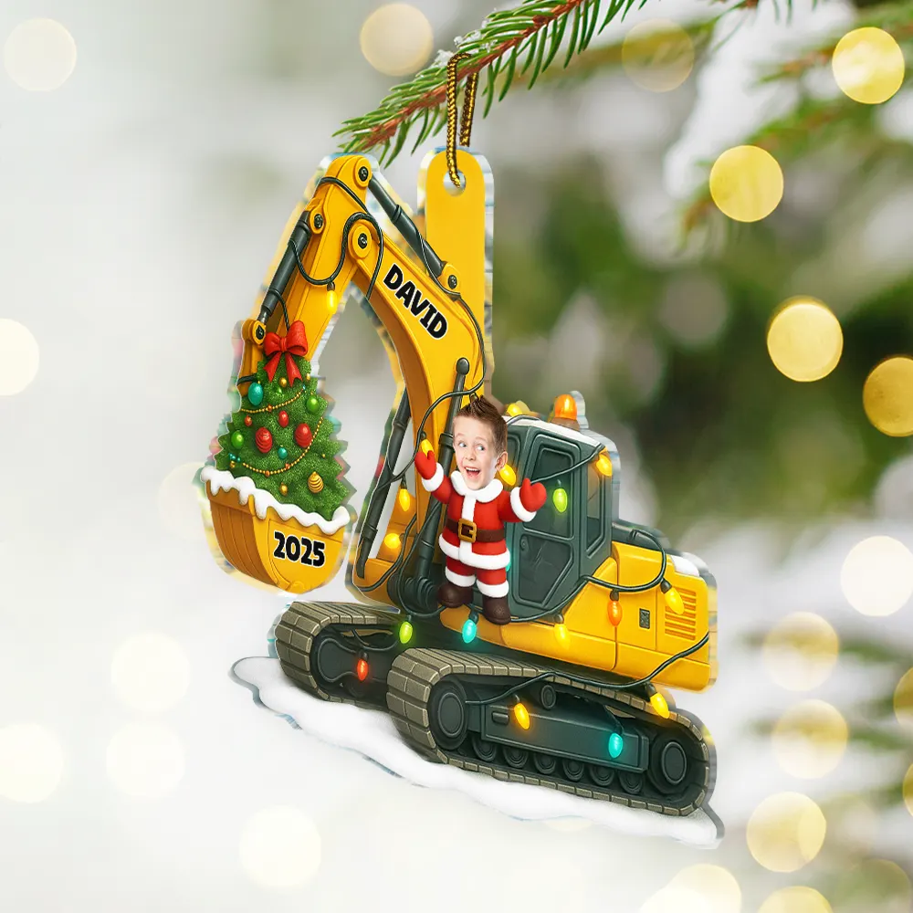 Custom Photo Christmas Excavator Construction - Personalized Custom Shaped Acrylic Ornament - Image 3