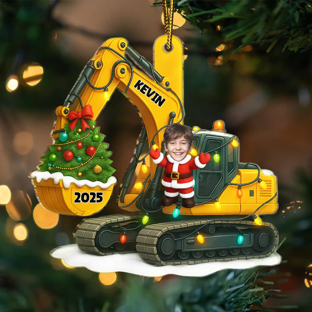 Custom Photo Christmas Excavator Construction - Personalized Custom Shaped Acrylic Ornament - Image 4