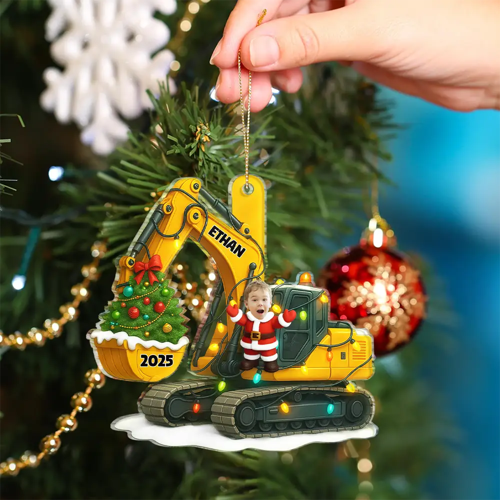 Custom Photo Christmas Excavator Construction - Personalized Custom Shaped Acrylic Ornament - Image 5