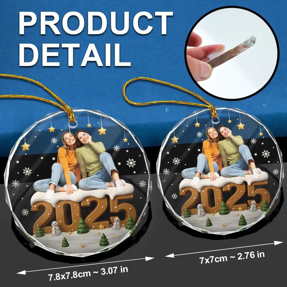 Custom Photo Christmas Family Besties Couple - Personalized Circle Glass Ornament - Image 7