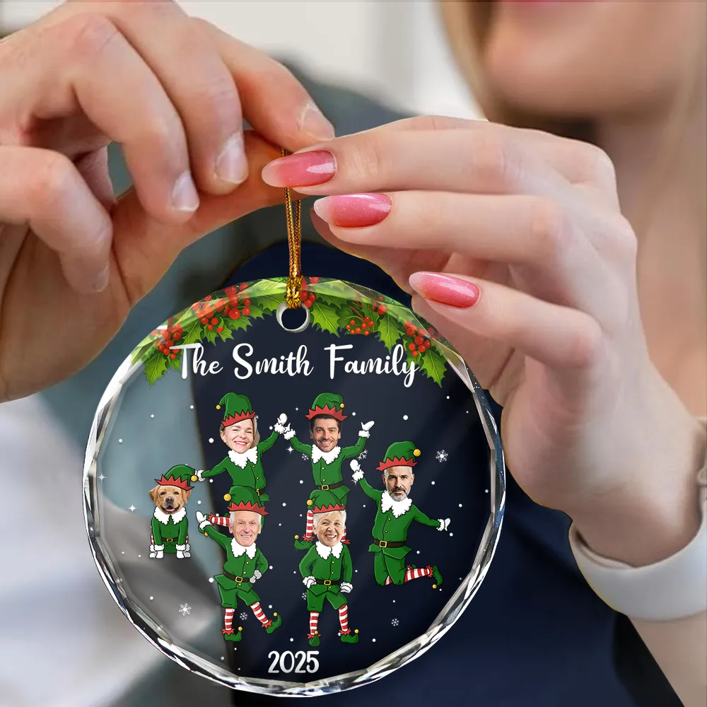Custom Photo Christmas Family Elves - Personalized Circle Glass Ornament - Image 5