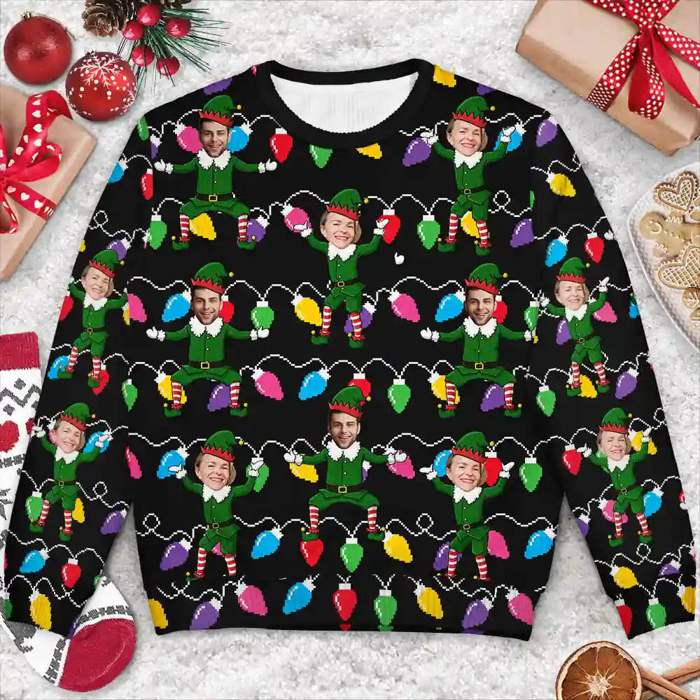 Custom Photo Christmas Family Elves - Personalized Unisex Ugly Sweater - Image 3