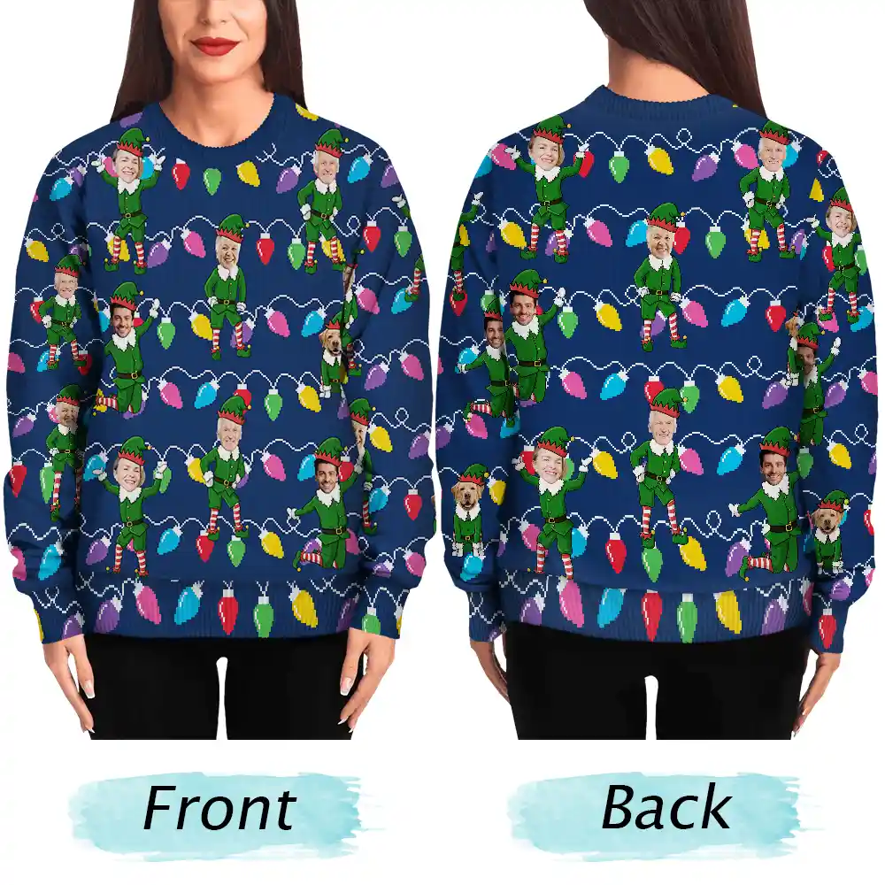 Custom Photo Christmas Family Elves - Personalized Unisex Ugly Sweater - Image 5