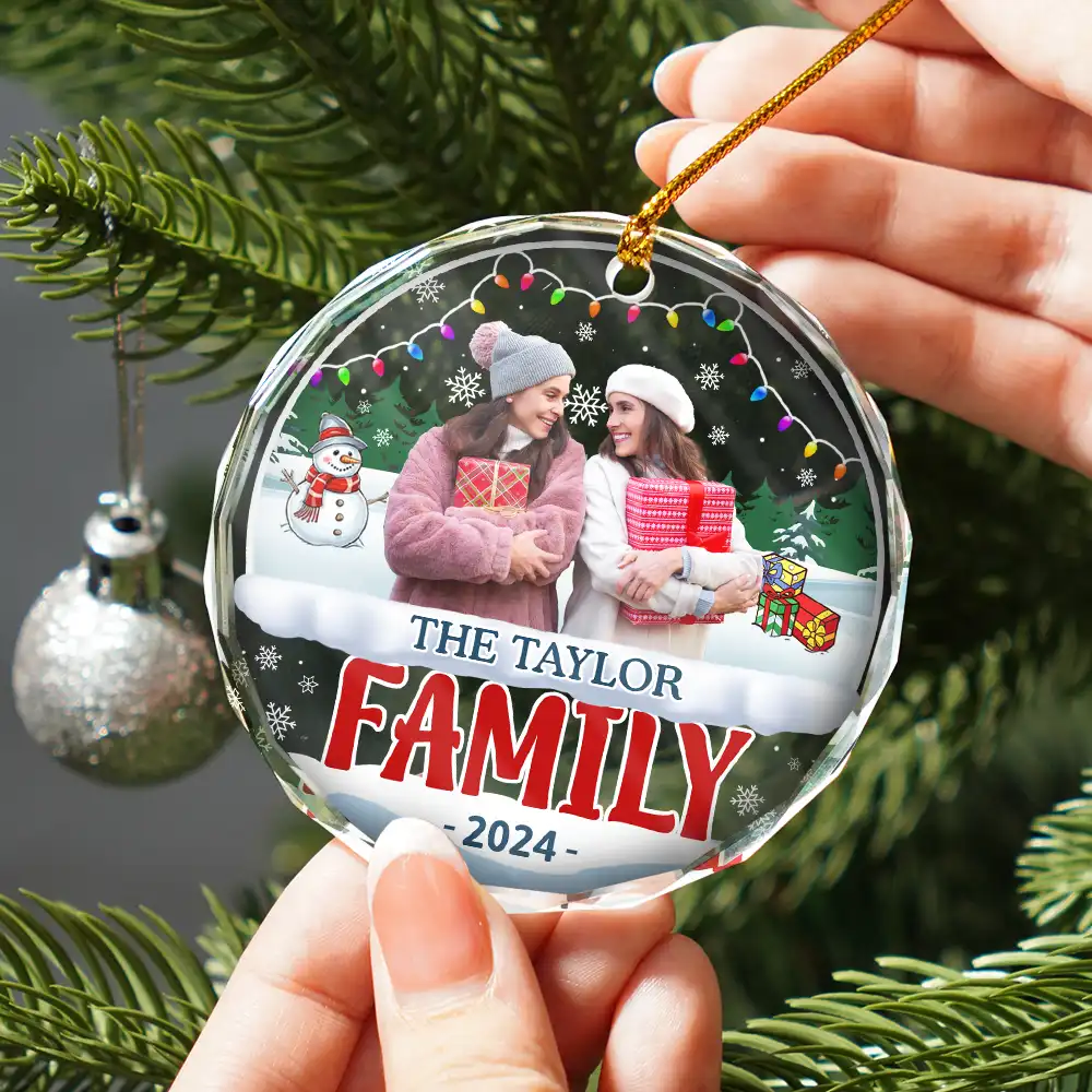 Custom Photo Christmas Family - Personalized Circle Glass Ornament - Image 3