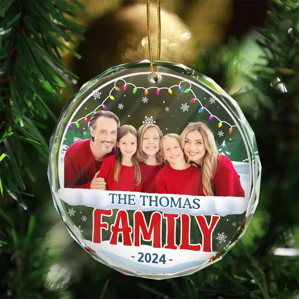 Custom Photo Christmas Family - Personalized Circle Glass Ornament - Image 4