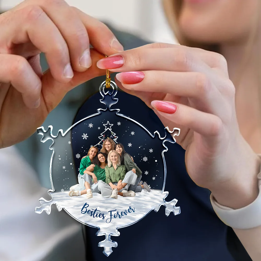 Custom Photo Christmas Family Sister BFF Together - Personalized Snowflakes Shaped Glass Ornament - Image 5