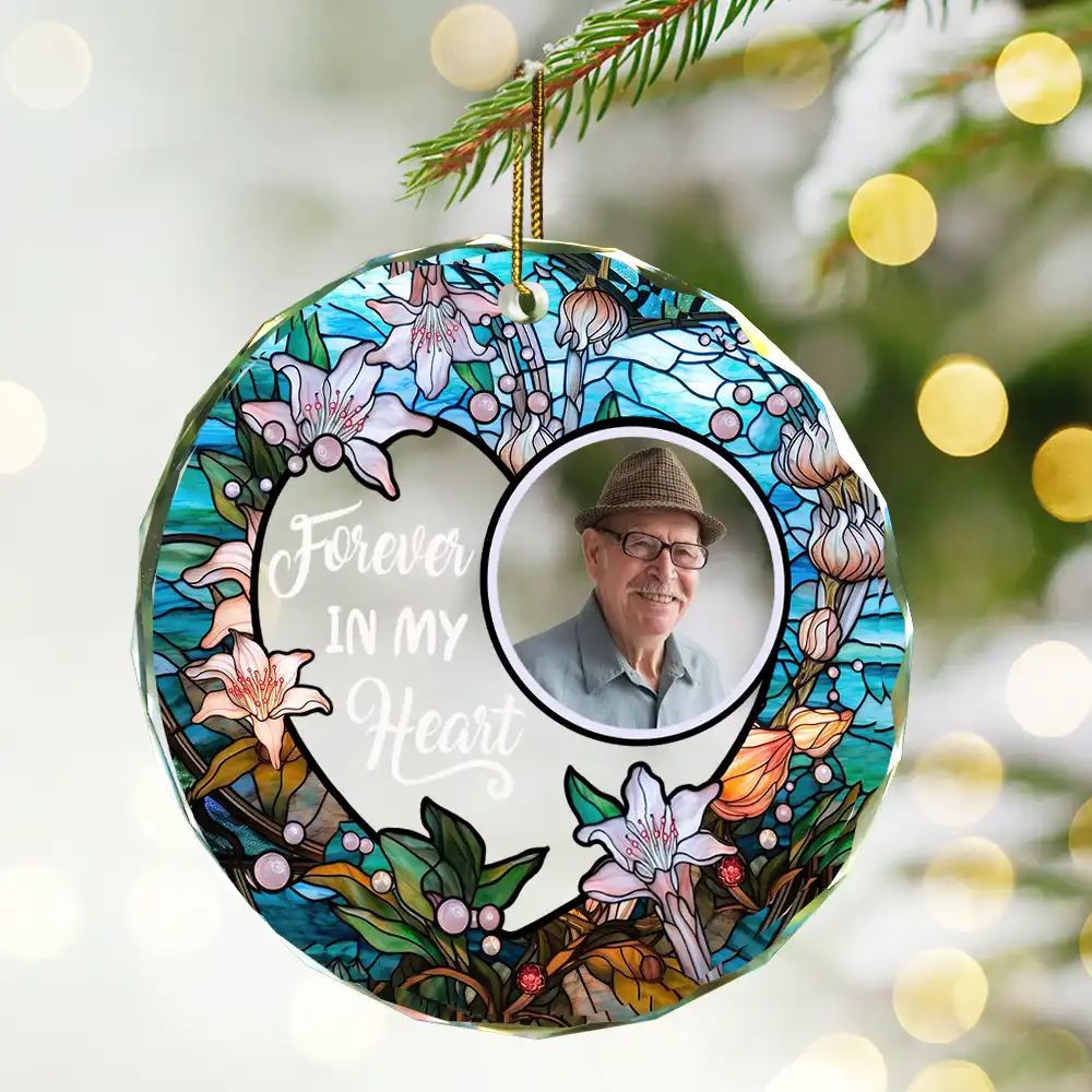 Custom Photo Christmas Forever In Our Hearts - Personalized Circle Glass Ornament - Image 3